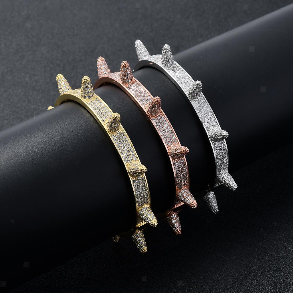 Prettyia 18K Gold Diamond Bracelets Bangle Punk Rivet Hip Hop Cuff Wristband