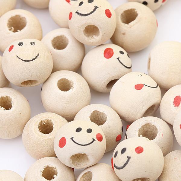 100 Pieces Wooden Round Smile Face Loose Beads 10mm