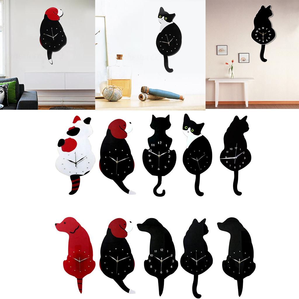3D Tail Wagging Cat Dog Wall Clock Silence Clock Bedroom Home Decoration Black Dog 02