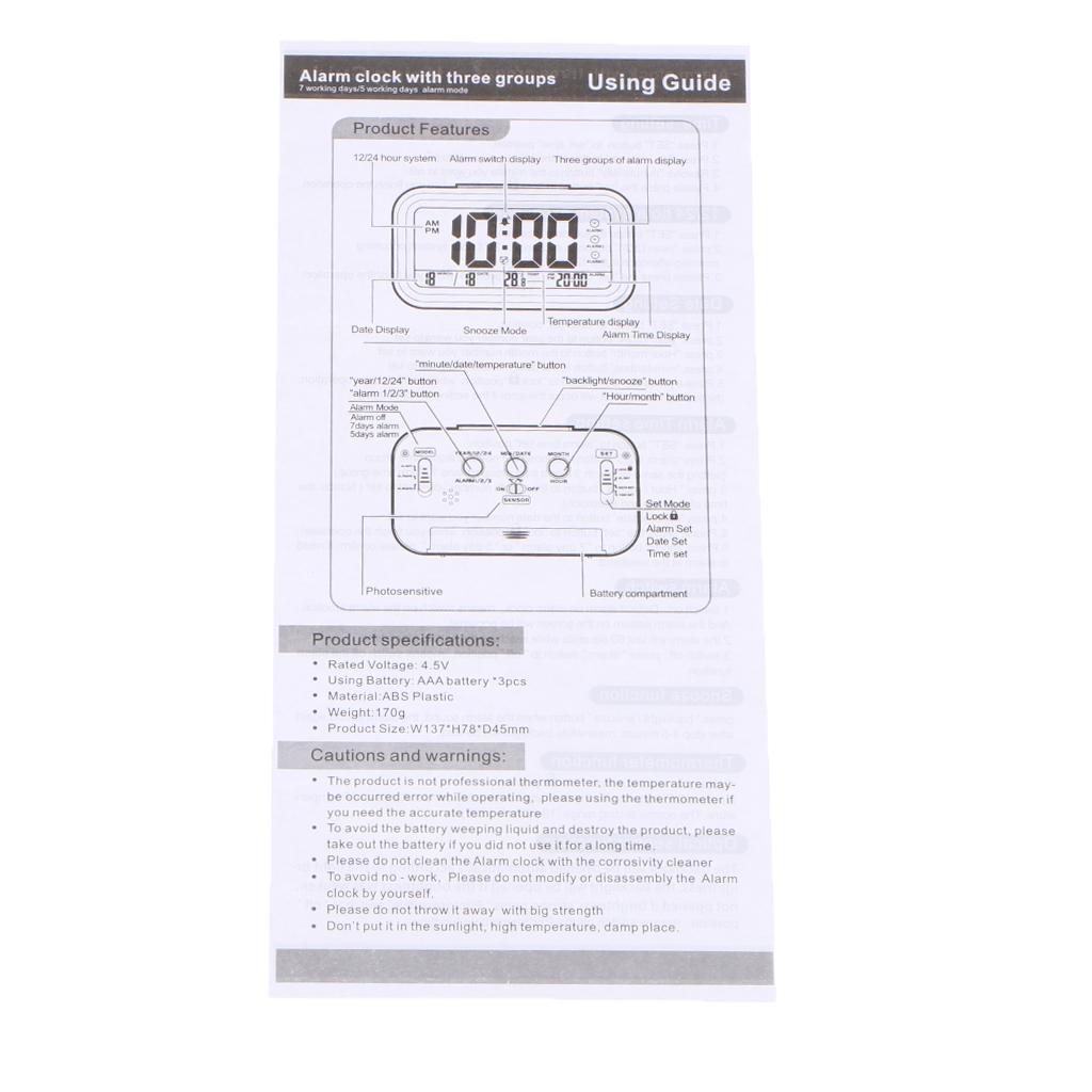 Digital LED Calender Alarm Clock Temperature Snooze Multiple Alarms Green