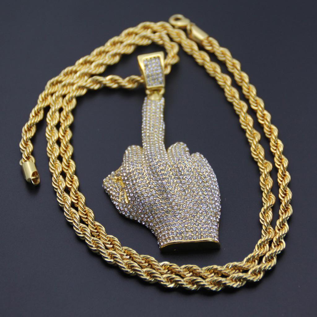 Hip Hop Full Iced Out Crystal Finger Pendants Middle Finger Necklace Gold