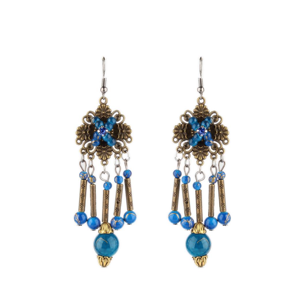 Ethnic Folk Style Hollow Out Long Tassel Beads Dangle Stud Earrings Blue