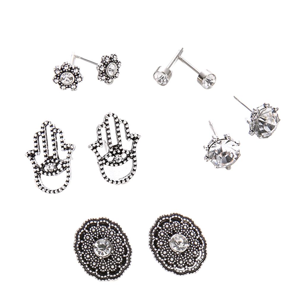 10pcs Retro Boho Carved Flowers Crystal Palms Floral Earrings Jewelry Sets