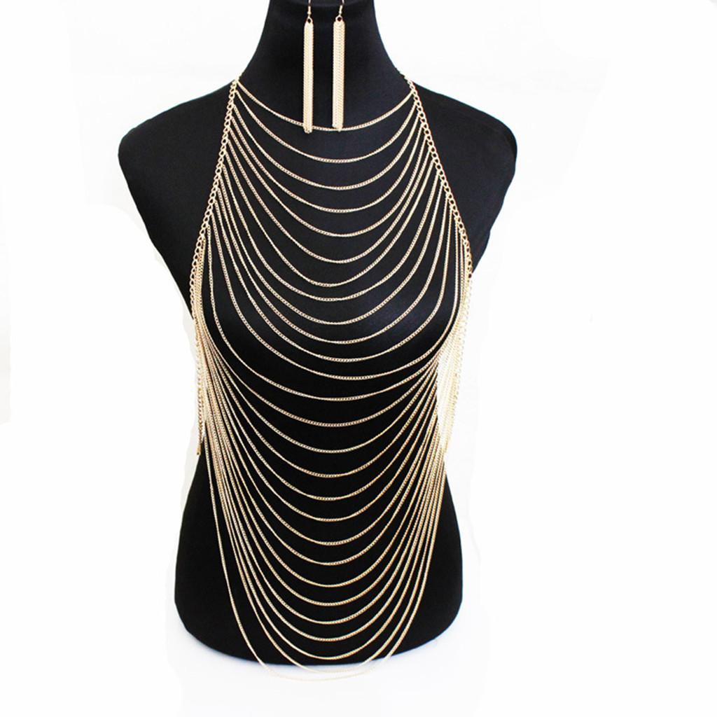 Sexy Tassel Crossover Harness Bikini Body Chain Necklace Earring Set
