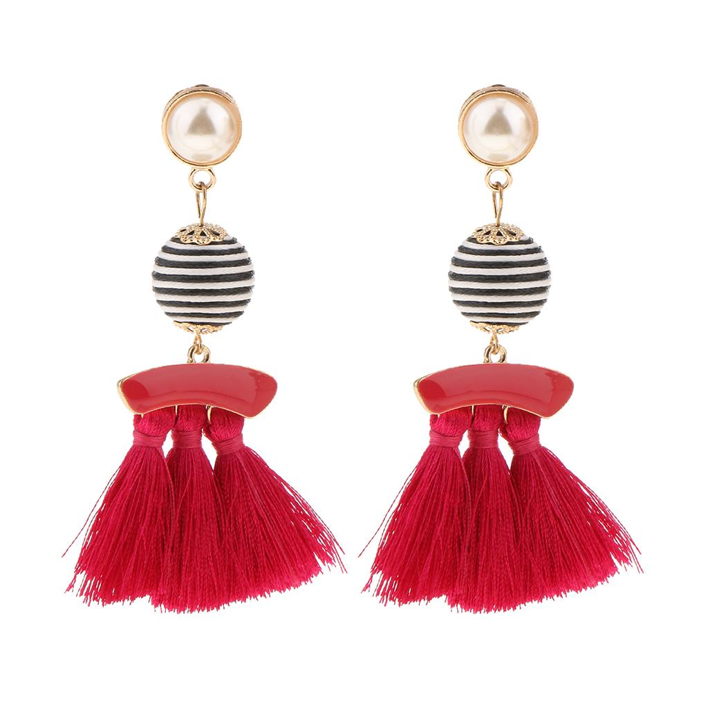 Behomia Enamel Fringed Tassel Ball Beads Pearl Dangle Stud Earrings Rose Red