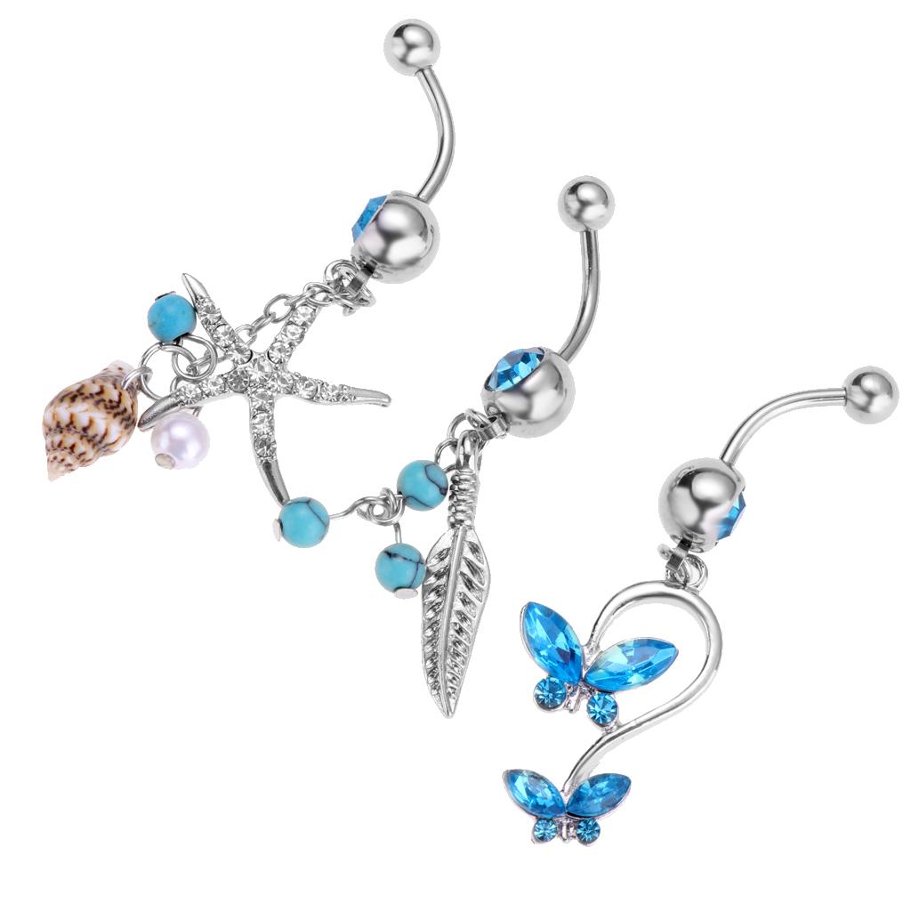 3 Piece Crystal Star Leaf Butterfly Stainless Steel Belly Bar Navel Ring