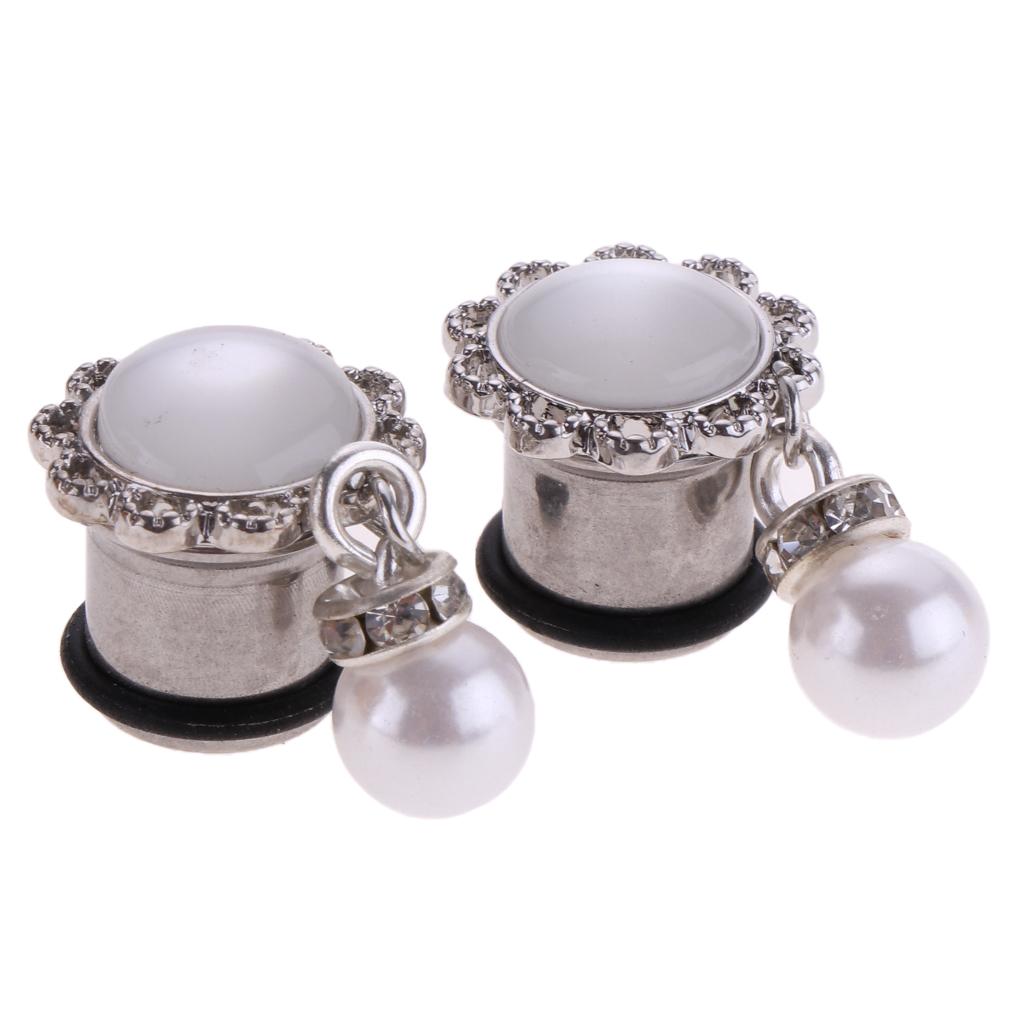 2pcs Crystal Simulated Pearl Dangle Ear Plugs Stainless Steel Tunnel 10mm