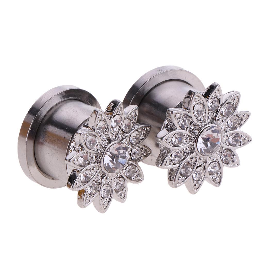 Stylish Women 2 Pcs Flower Tunnel Ear Plug Ornate Stainless Steel Jewelry
