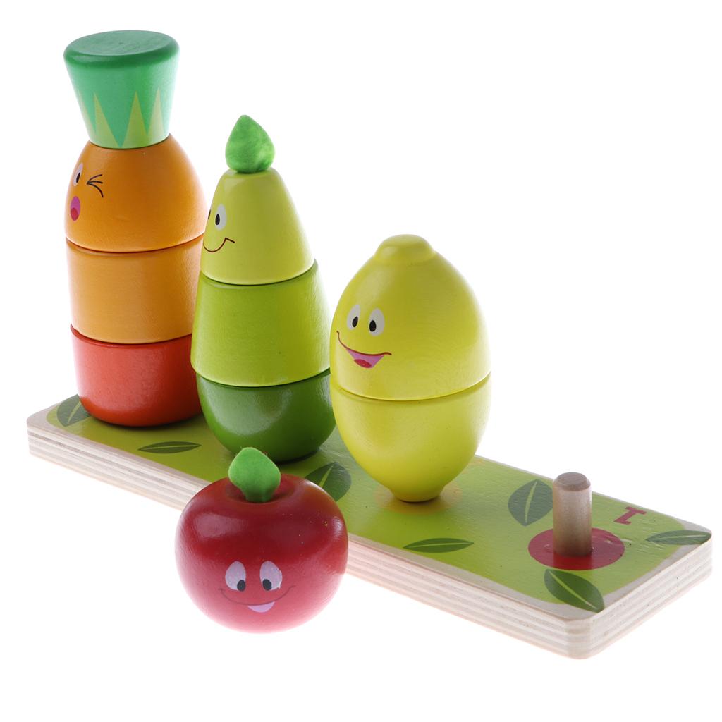 Cute Smiling Face Wooden Fruits Doll Stacking Game Building Blocks  Toy