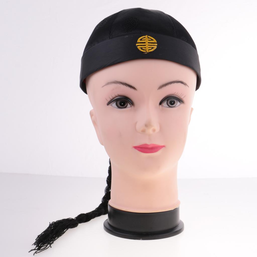 Adult Kids Black Chinese Oriental Cap with Ponytail Party Costume Hat Men