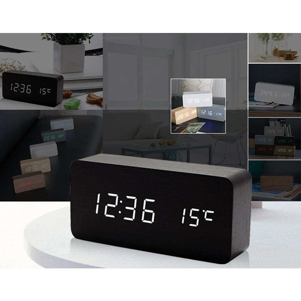 Wood Digital White LED Alarm Clock Sound Control Temperature Display Silver