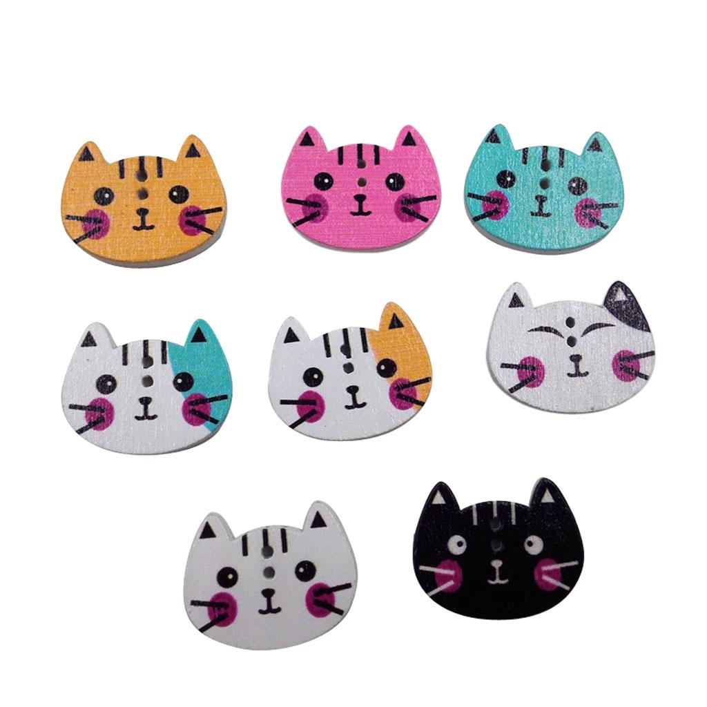 100Pcs Mixed Color Cat Shape Print Wooden Sewing Button
