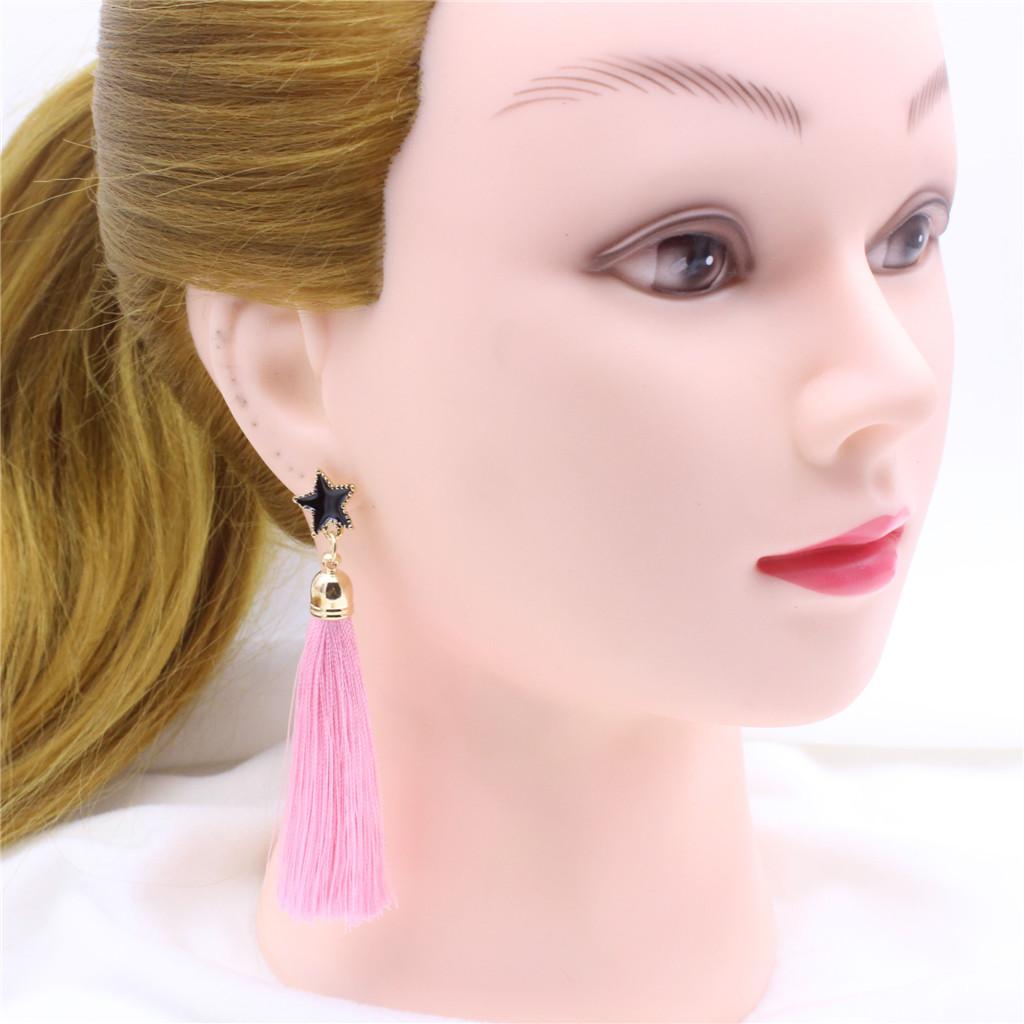 Behomian Long Tassel Thread Fringe Dangle Star Studs Earrings Pink 