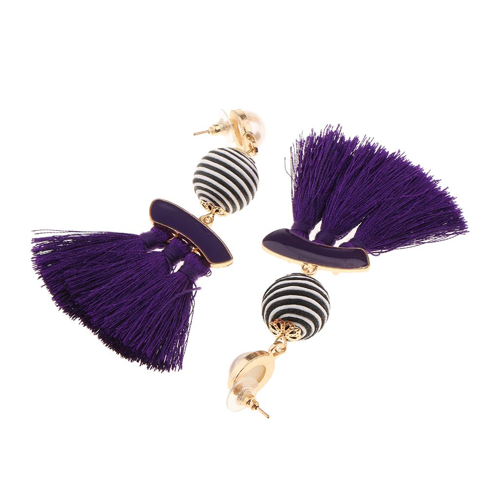 Behomia Enamel Fringed Tassel Ball Beads Pearl Dangle Stud Earrings Purple