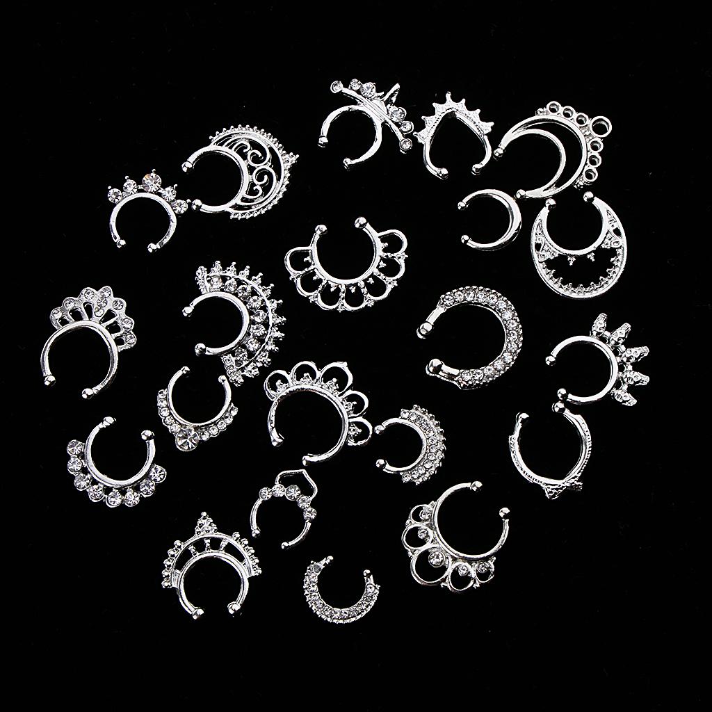 21 Pieces Crystal Fake Septum Clicker Nose Ring Non-piercing Silver