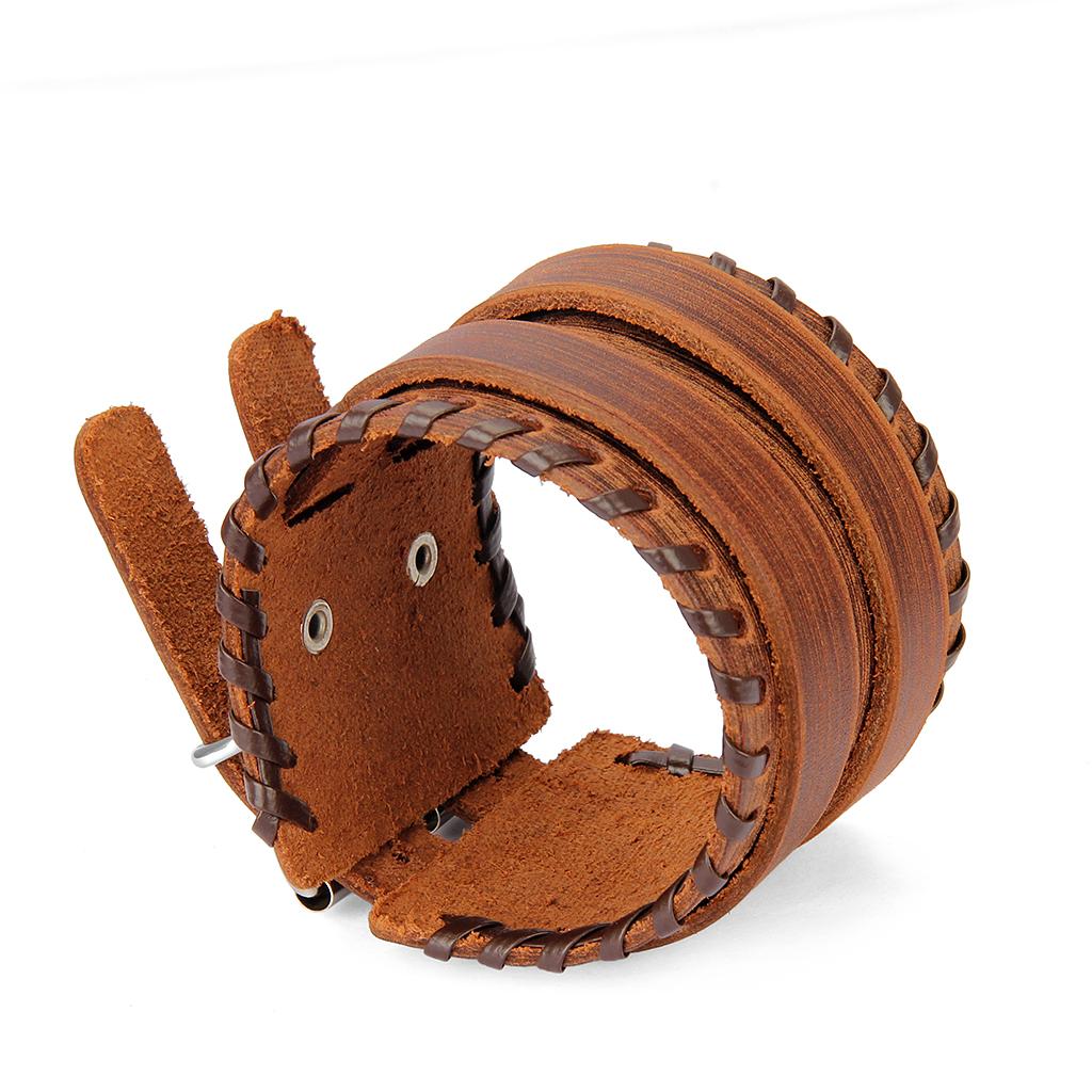 Double Leather Buckles Bracelet Wide Belt Wristband Cuff Bracelet Mens Coffe