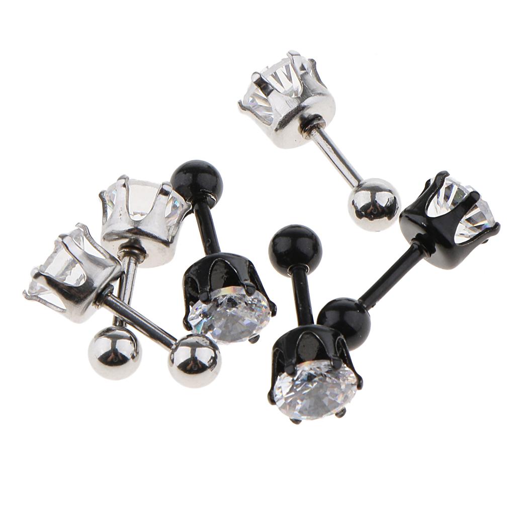 6 Pieces Black Silver Crystal Stainless Steel Ear Navel Belly Stud 6mm