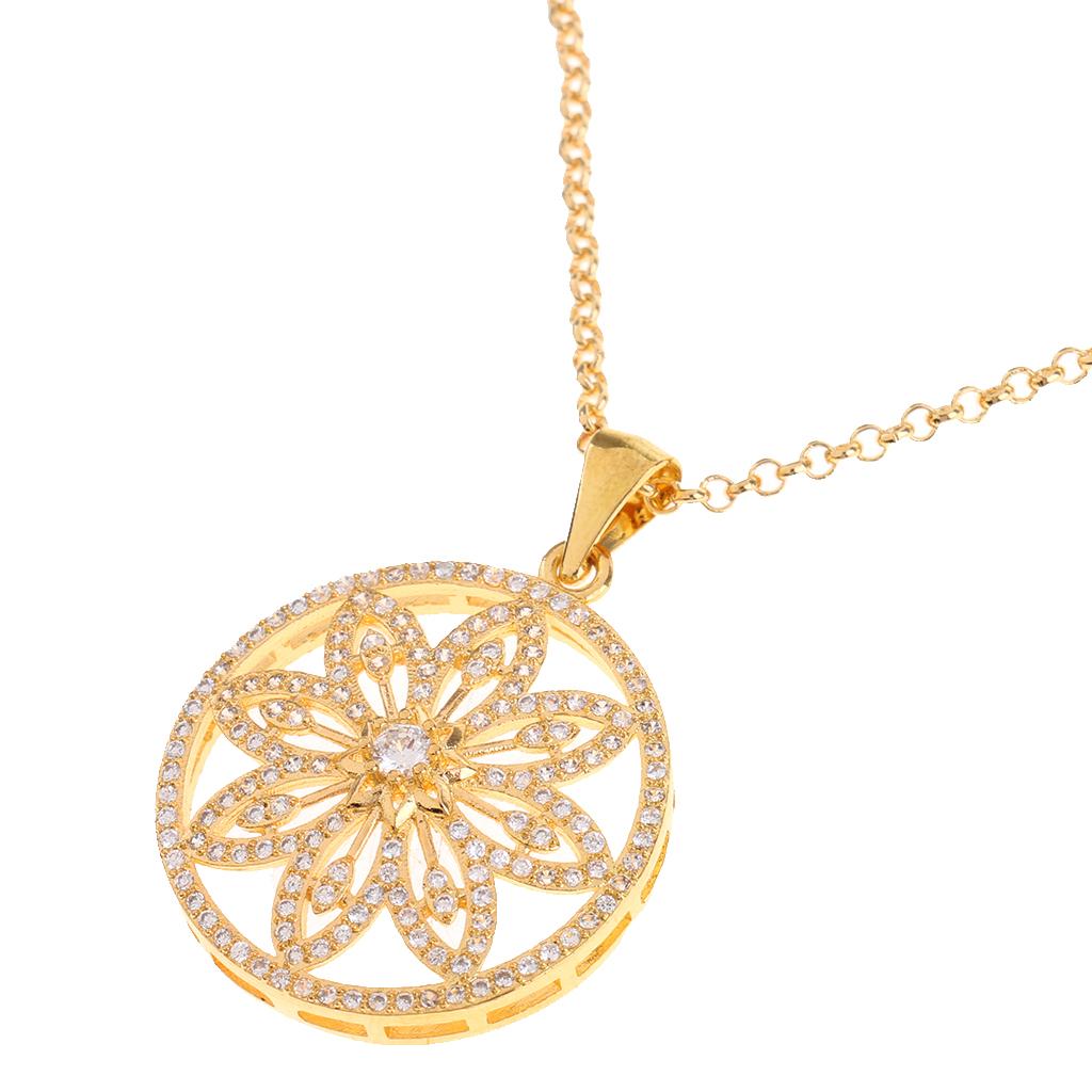 Rhinestone Hollowed Round Disc Pendant Necklace Long Chain Jewelry Gold