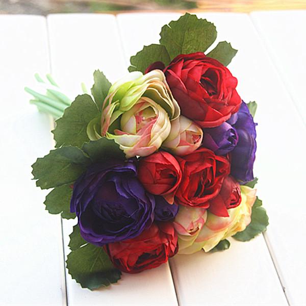 Simulation 13-Head Jasmine Bridal Bouquet Wedding Hand Flower Red Purple