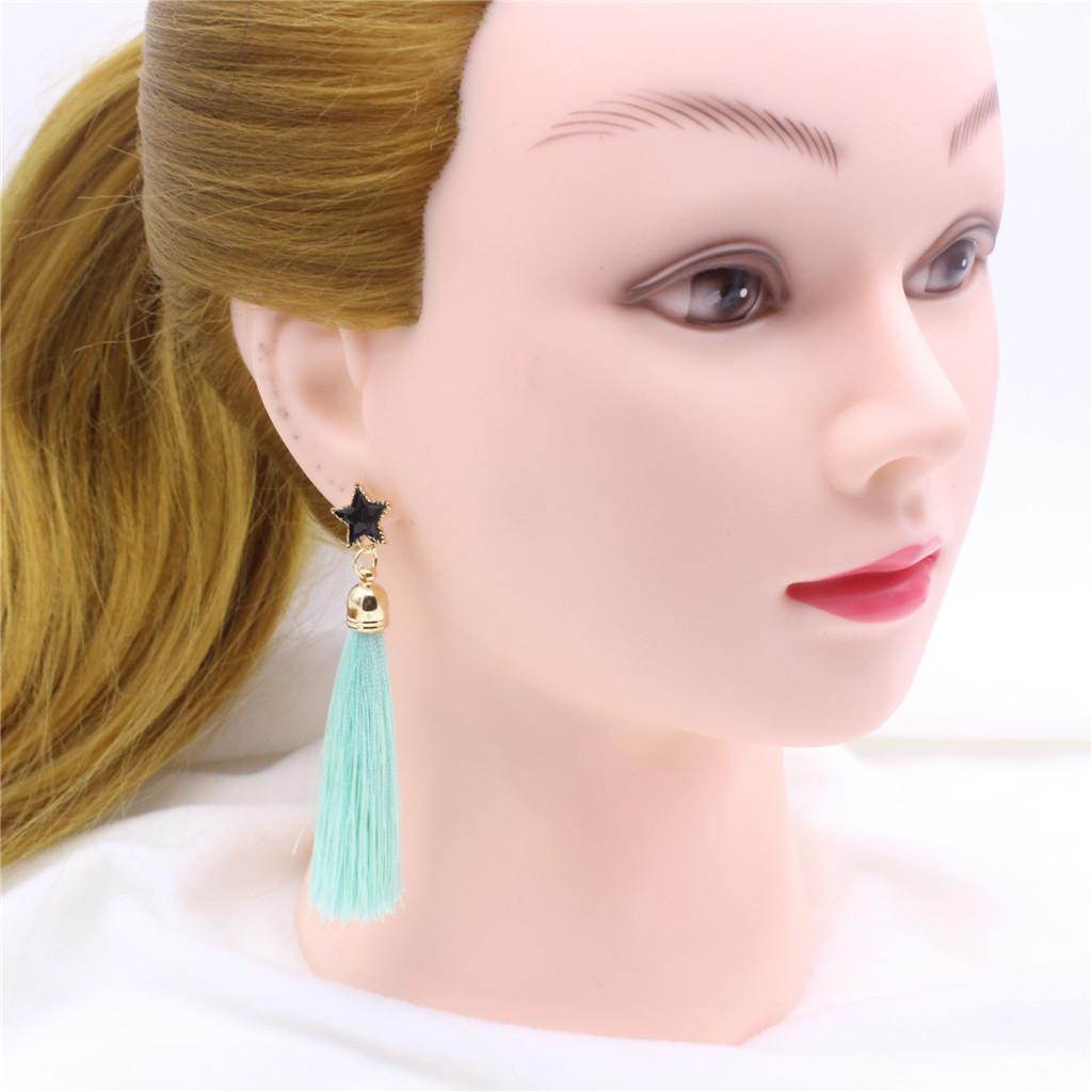 Behomian Long Tassel Thread Fringe Dangle Star Studs Earrings Green