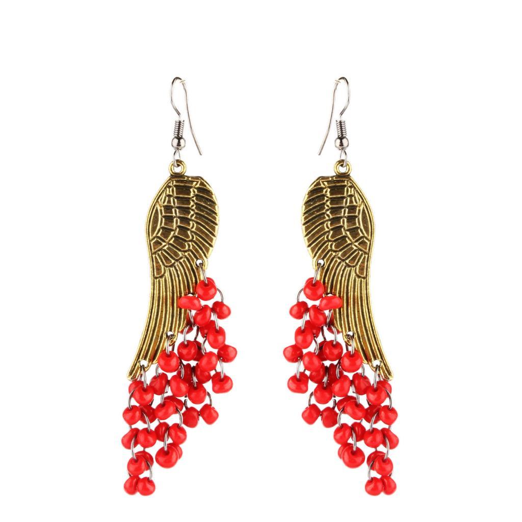 Angel Wings Design Beads Tassel Dangle Drop Earrings Lady Girls Red