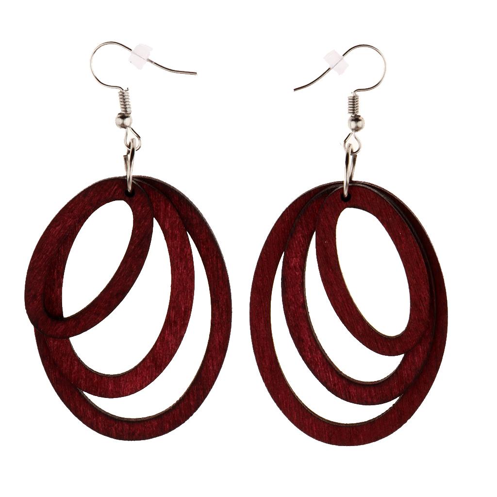 Vintage Three Oval Wooden Dangle Hook Earrings Ethnic Women's Jewelry Red