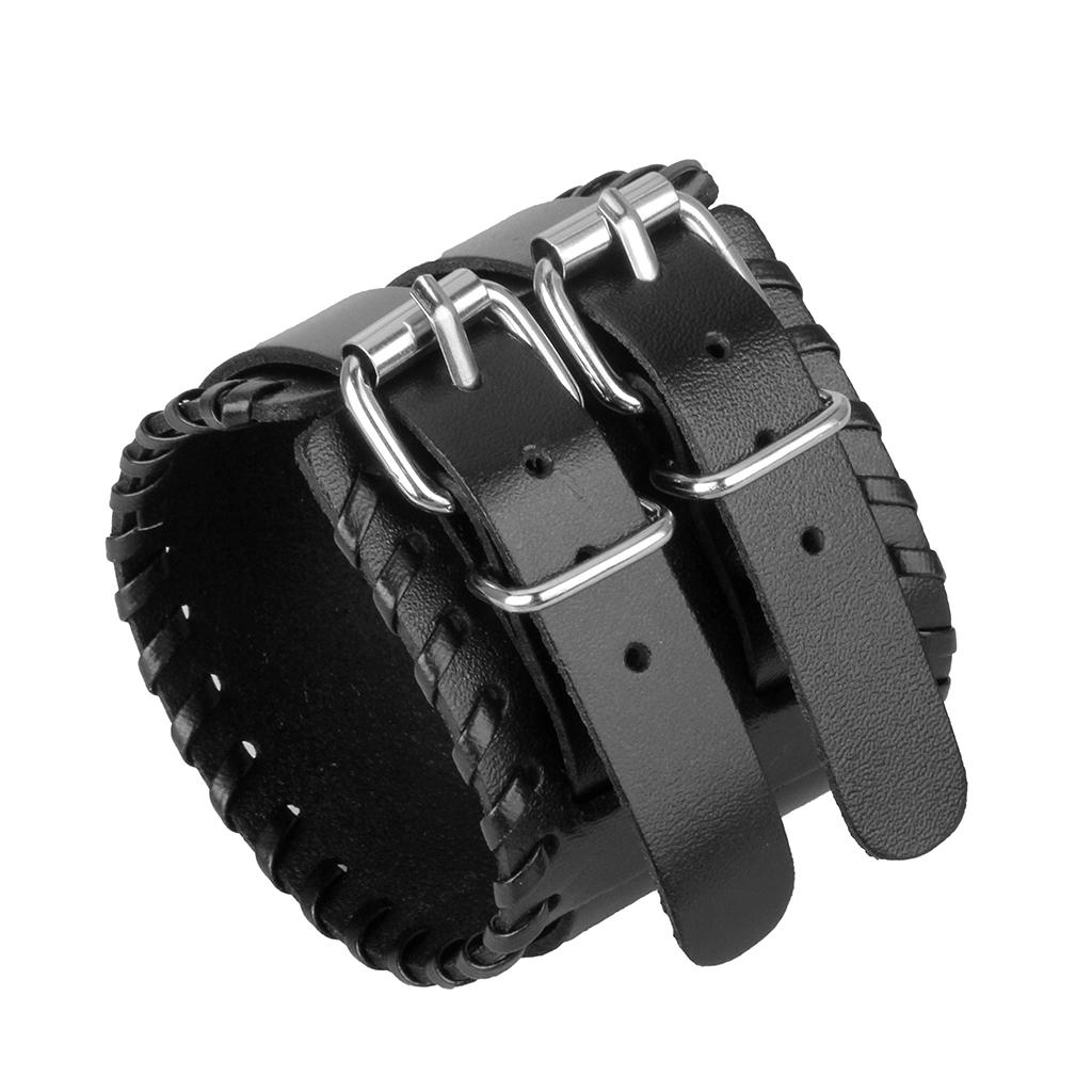 Double Leather Buckles Bracelet Wide Belt Wristband Cuff Bracelet Mens Black