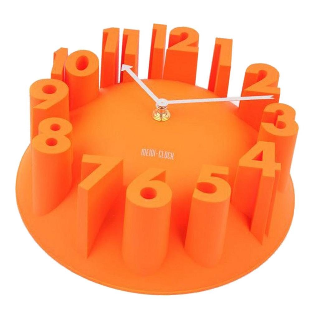 Modern 3D Wall Clock Kitchen Living Clock Decal Sticker Carved Battery Power Orange