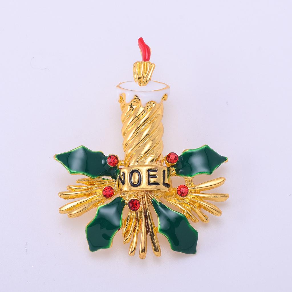 Fashion Retro Christmas Candle Holly Crystal Brooch Pins Holiday Party Gifts