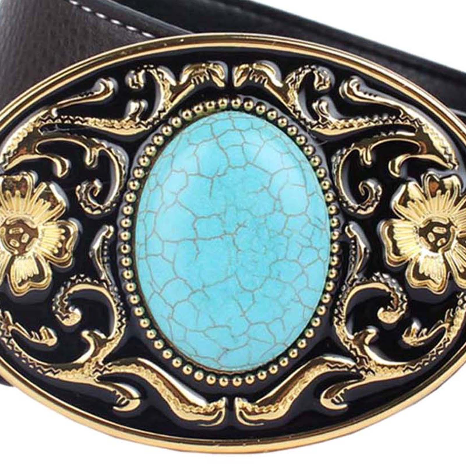 Western Cowboy Leather Belt With Arabesque Pattern Buckle Cowgirl Waist Belt