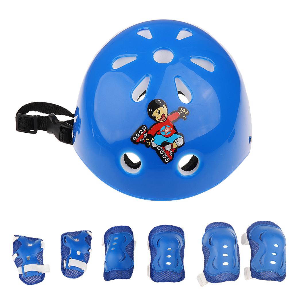 7 Pieces Kids Roller Skating Cycling Helmet Knee Elbow Pad Wrist Guard Sets Blue