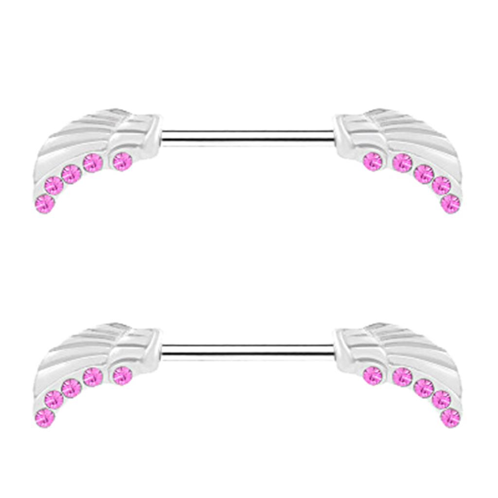 2 Pieces Rhinestone Angel Wing Shield Straight Barbell Nipple Ring Piercing Pink