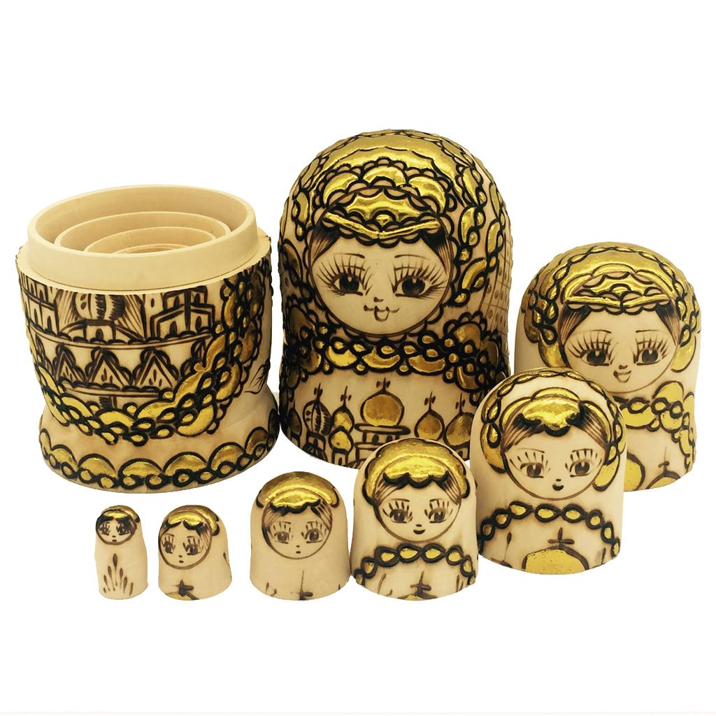 7PCS Gold Plated Wooden Russian Nesting Dolls Matryoshka Kids Xmas Gift