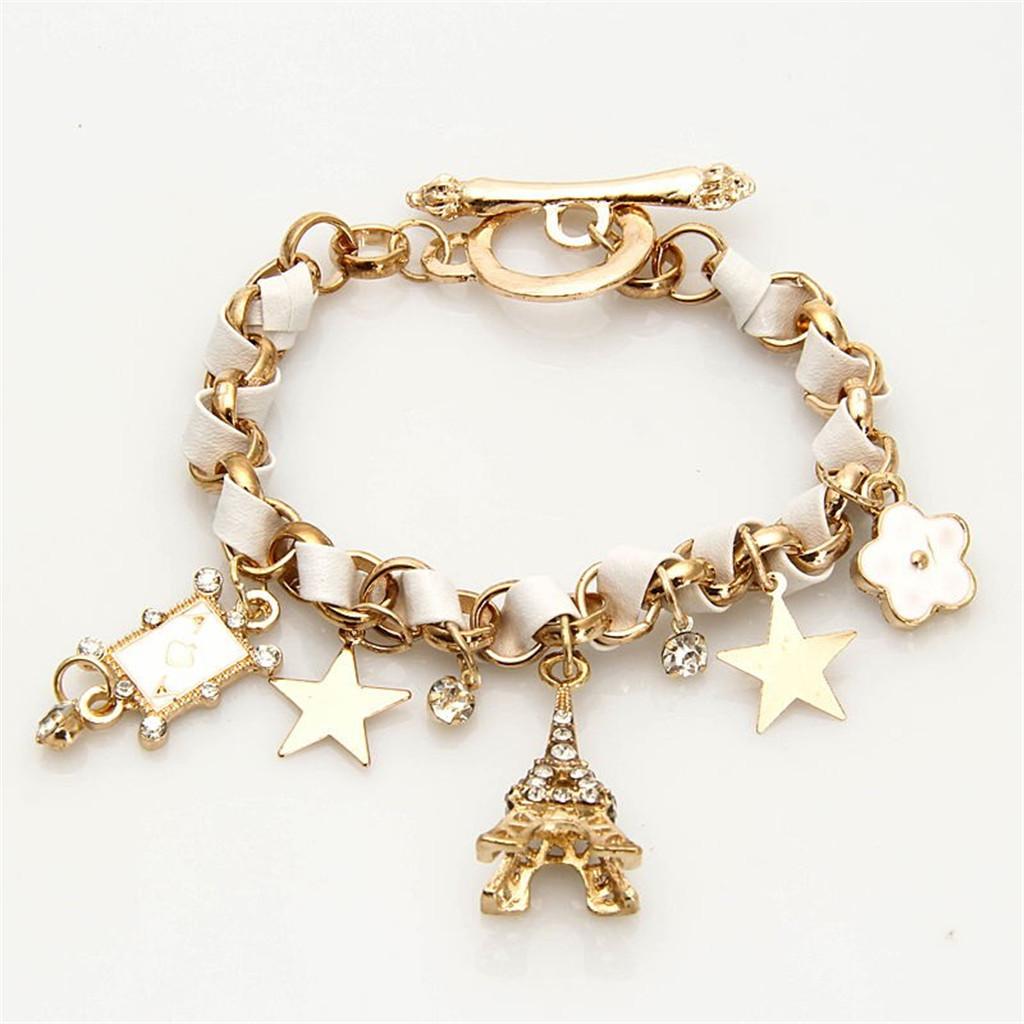 Women Fashion Crystal Star Flower Bracelet PU Leather Bangle Jewelry White