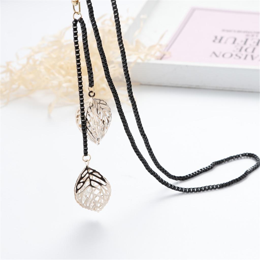 Women Double Leaves Leaf Pendant Necklace Long Sweater Chain Hollow Jewelry