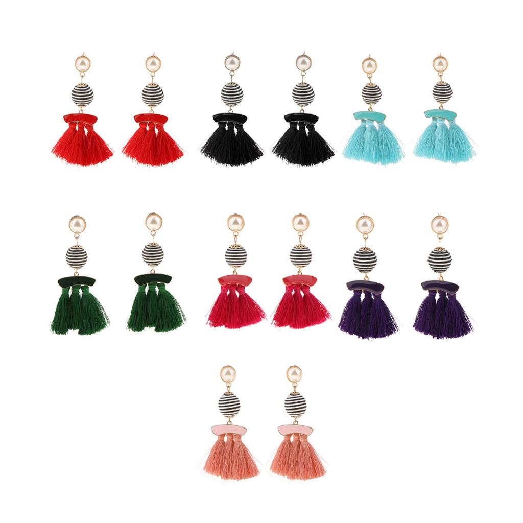 Behomia Enamel Fringed Tassel Ball Beads Pearl Dangle Stud Earrings Red