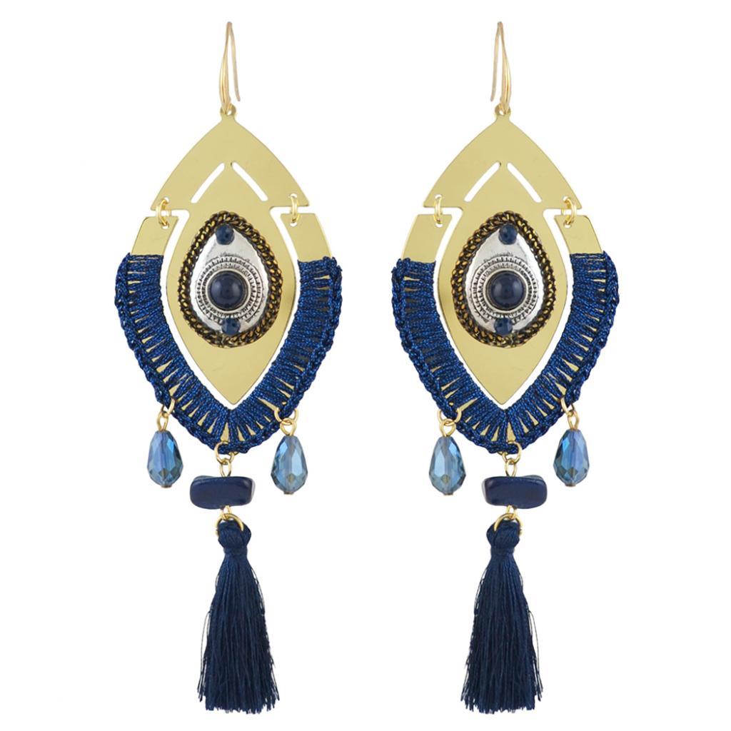 Fashion Statement Charms Bohemian Tassel Dangle Evil Eye Hook Earrings Blue