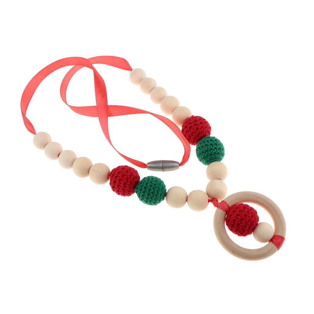 Wood Crochet Beads Necklace Teether Baby Chew Grasping Toy Red and Green