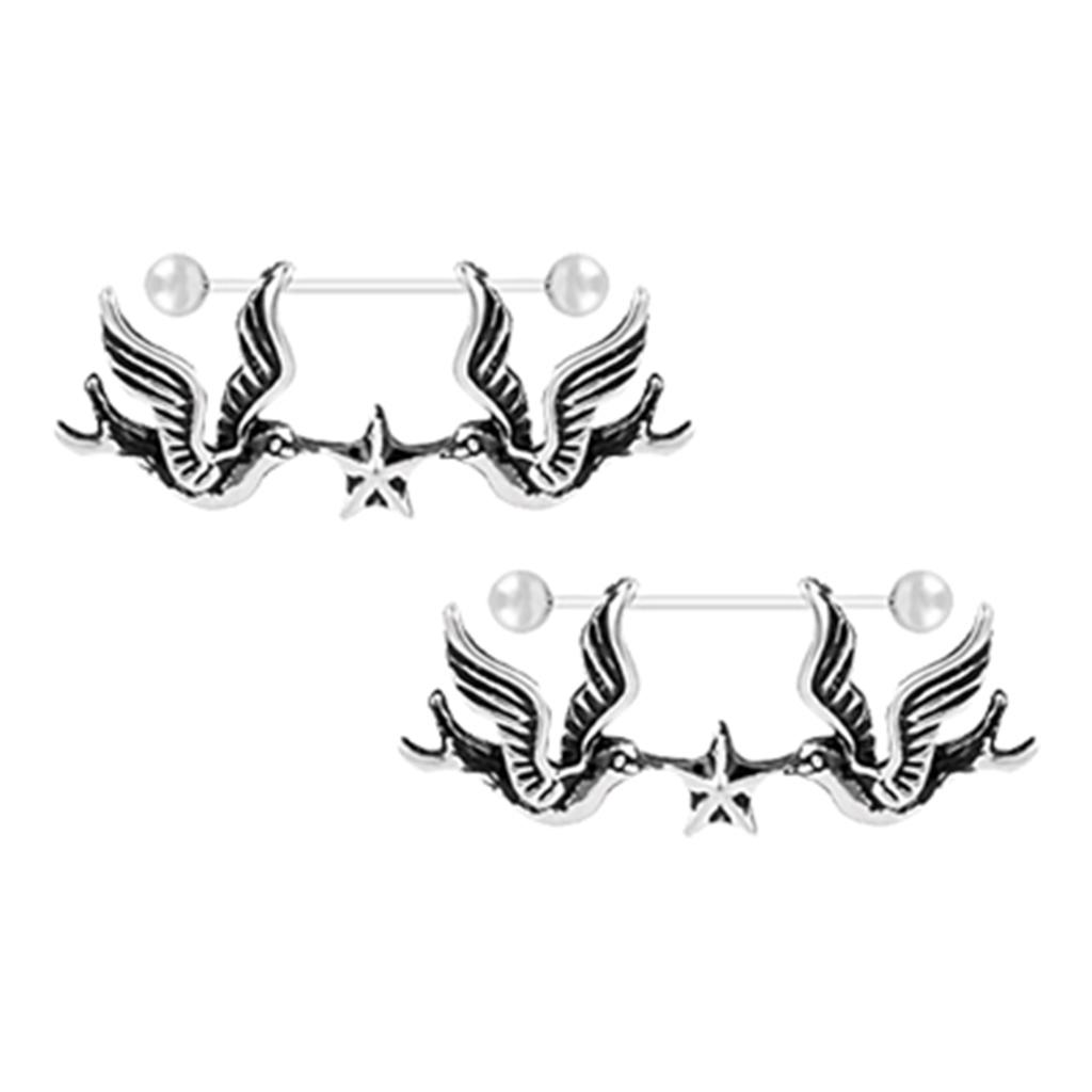 2pcs Stainless Steel Pigeon Bird Nautical Star Dangle Nipple Shield 14 Gauge