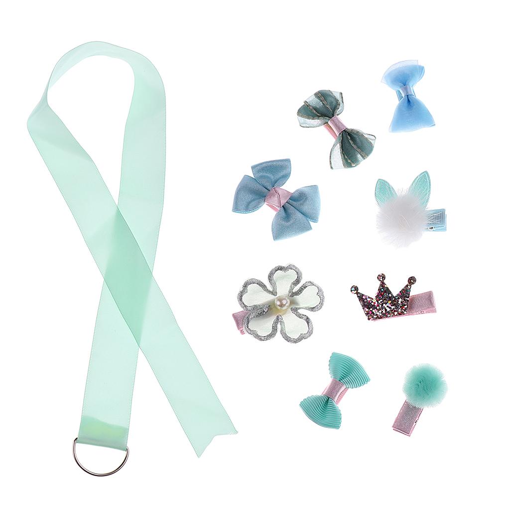 9 Pcs Ribbon Bow Flower Mixed Design Baby Girl Toddler Hair Clips  9 Pcs-Green