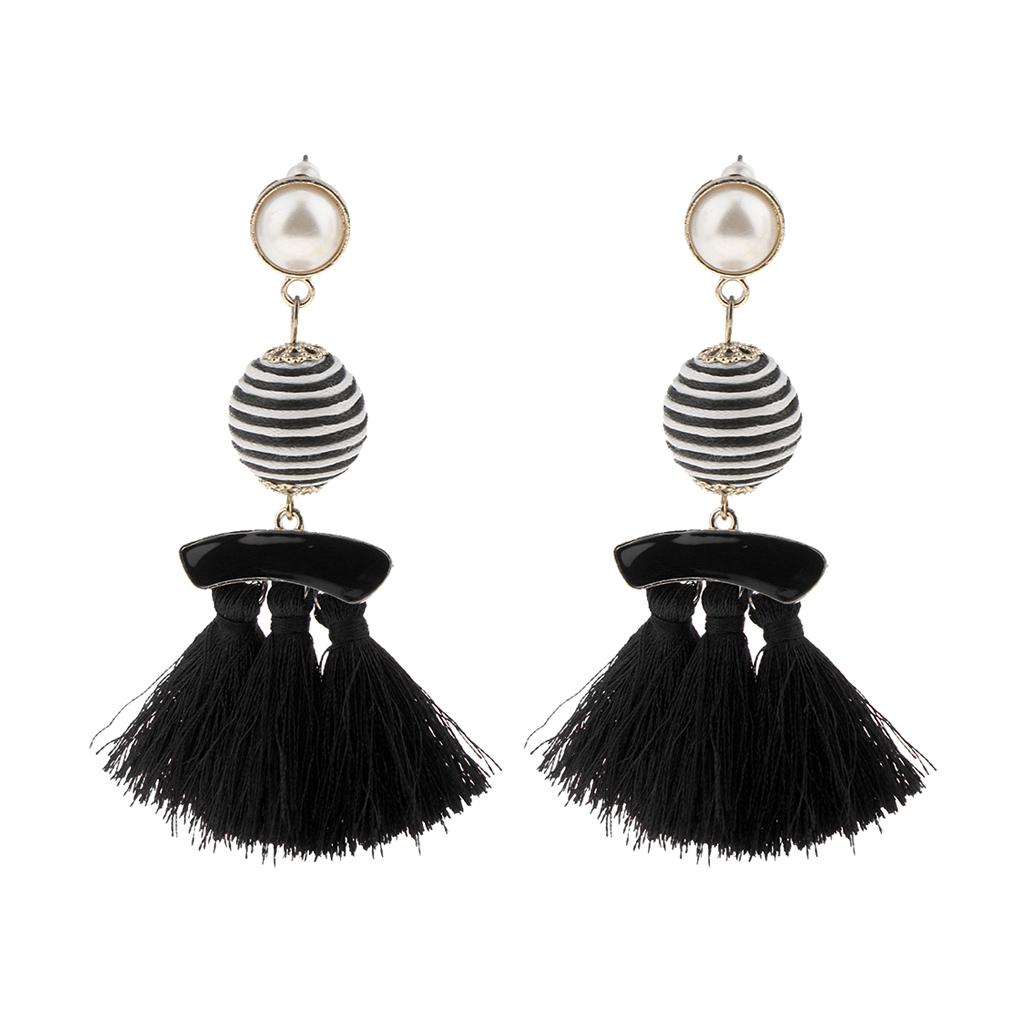 Behomia Enamel Fringed Tassel Ball Beads Pearl Dangle Stud Earrings Black