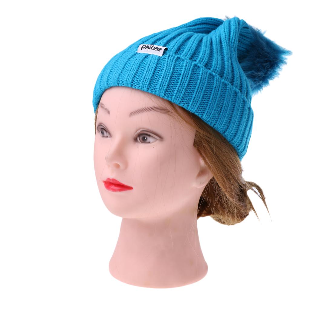 Women Winter Warm Snappy Pompom Beanie Hat Ski Snowboard Sledding Sky Blue