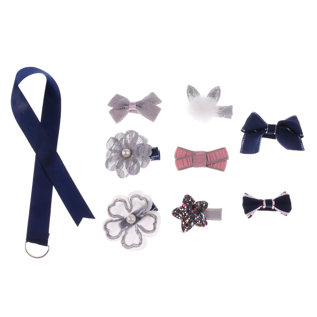 9 Pcs Ribbon Bow Flower Mixed Design Baby Girl Toddler Hair Clips  9 Pcs-Gray and Blue