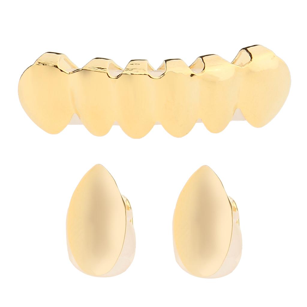 18K Vampire Single Top Teeth Fangs Grills Smooth Bottom Grill Set Gold
