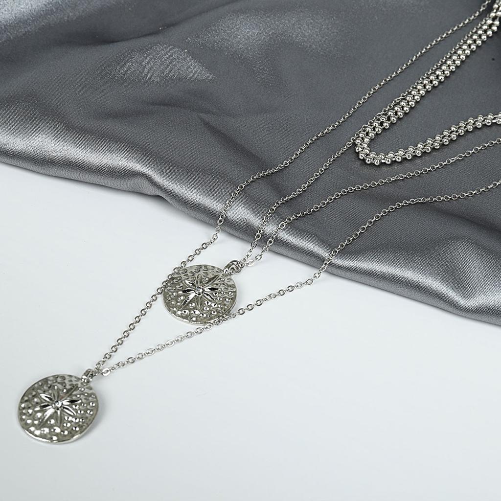 Women Charm Round Flower Pattern Pendant Multilayer Chain Necklace  Silver