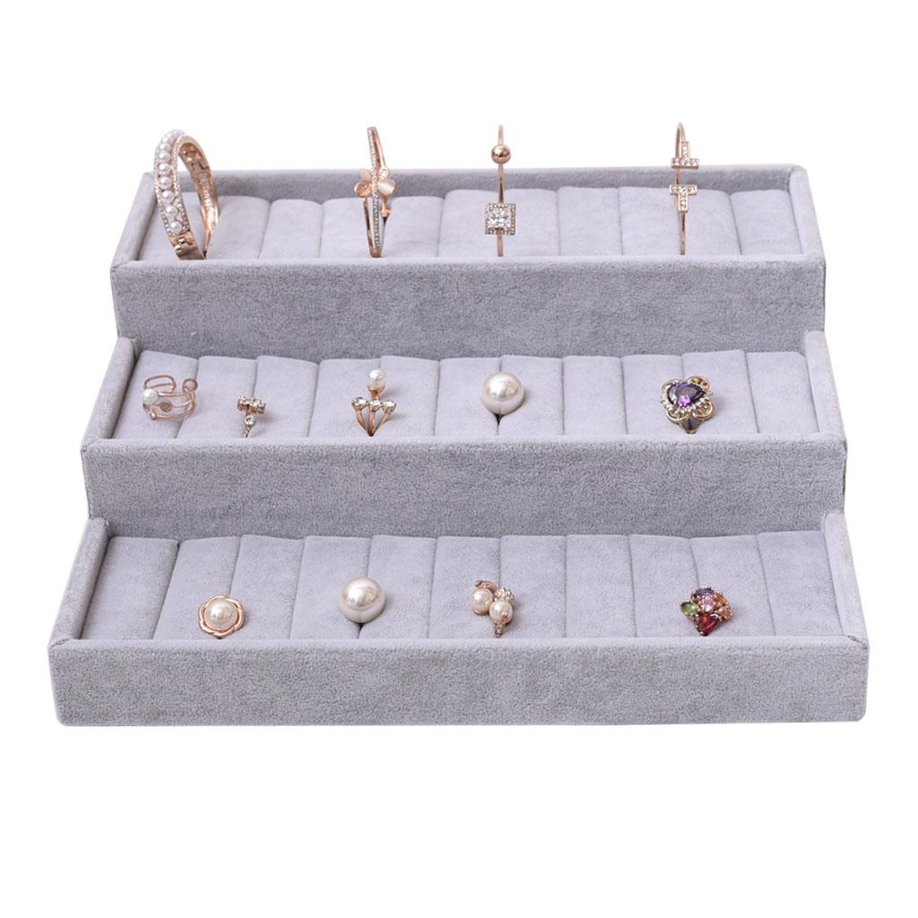 Velvet Jewelry Tray Ring Earring Display Box Holder Storage Organizer Grey