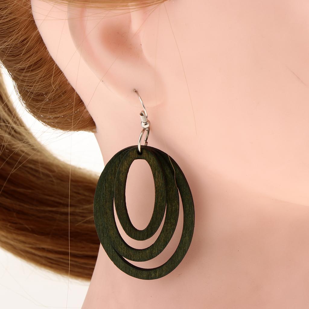 Vintage Three Oval Wooden Dangle Hook Earrings Ethnic Women's Jewelry Green