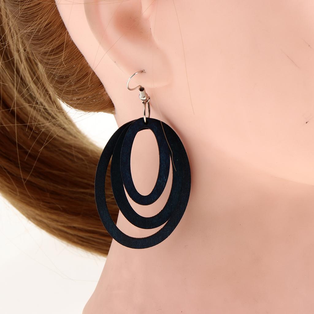Vintage Three Oval Wooden Dangle Hook Earrings Ethnic Women's Jewelry Blue