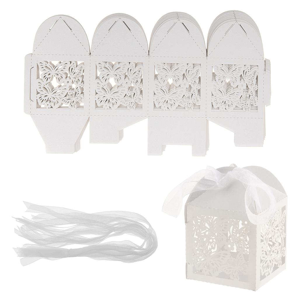 20pcs Paper Hollow Butterfly Candy Boxes Ribbon Wedding Party Favor White