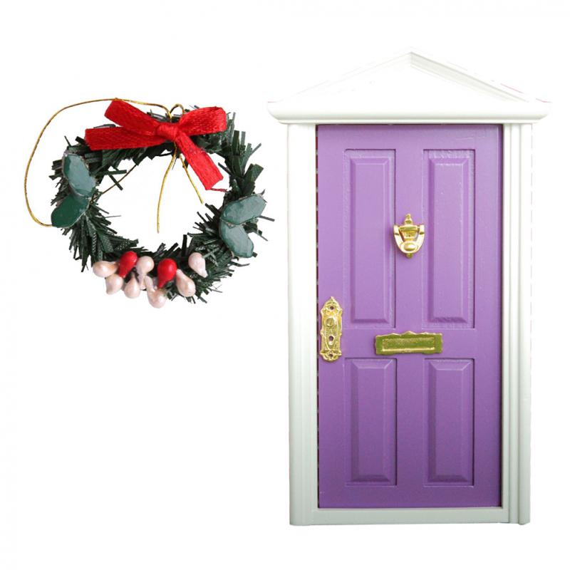 1:12 Dollhouse Mini Hanging Christmas Wreath & Purple Wooden Steeple Door